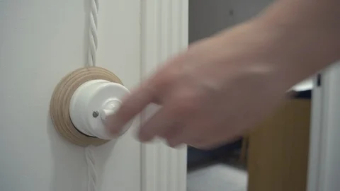 Hand Switch Off Retro Light Switcher. Person leaves room and turns light off 스톡 동영상 120380299