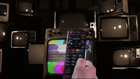 Hand Switching On and Off Several Vintage TVs With Green Screens, Sepia - 4K Stock Footage 303998622