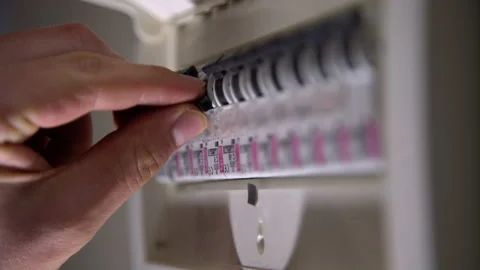 Hand switching power switch on a fusebox. Close up of electrician checking 库存影片 144684785
