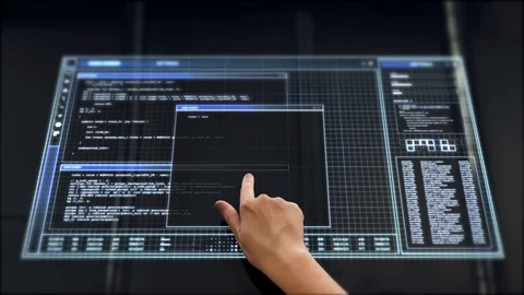 Hand switching virtual screen with computer coding Video stock 93190063