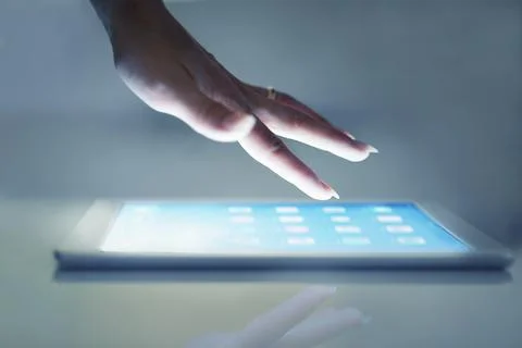 Hand, tablet and click on screen in closeup for application, ui and choice for 스톡 사진