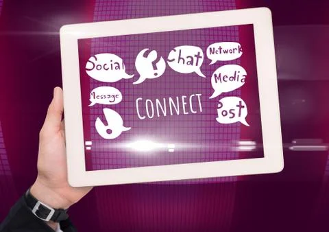 Hand with tablet and Connect text with drawings graphics Stockfoto's