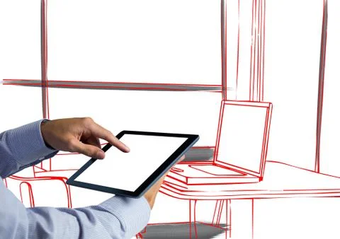 Hand with tablet in front of office red lines with black details Stock Photos