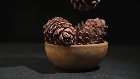 Hand takes and puts cedar cone in wooden bowl on black background. Superfood Stock Footage 239682754