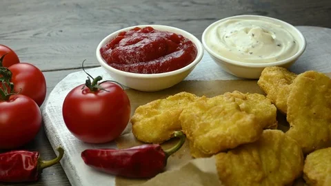 Hand takes nuggets and dips it in tomato sauce Stock Footage 123402500