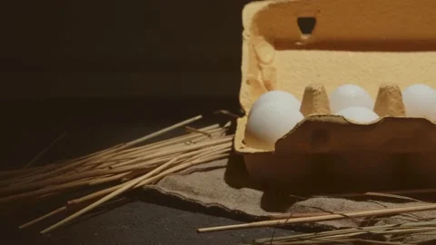 Hand takes one from egg packed in carton 4K video 動画素材 130884100