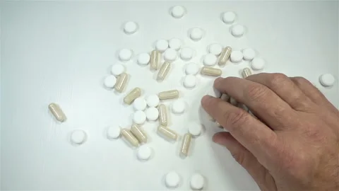 Hand takes a pill in slow motion from a heap of medicines Stock Footage 140758635