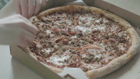 Hand takes slice of hot nice tasty Italian pizza Stock Footage 131301580