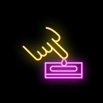 Hand taking blood sample with drop falling on glucose test strip icon neon .. 스톡 일러스트