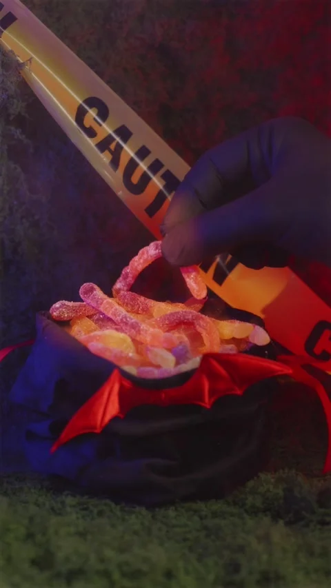 Hand taking candy from fog surrounded Halloween bat pouch Видео 342423228