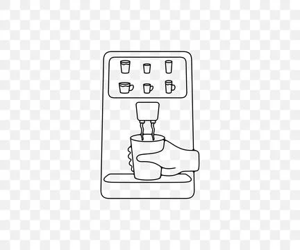 Hand taking coffee cup in vending coffee machine, linear graphic design Stock Illustration