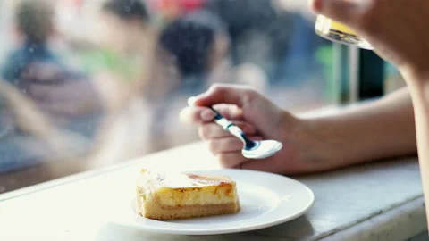 Hand taking delicious cake close to the window, 4K Vídeo Stock 143281022