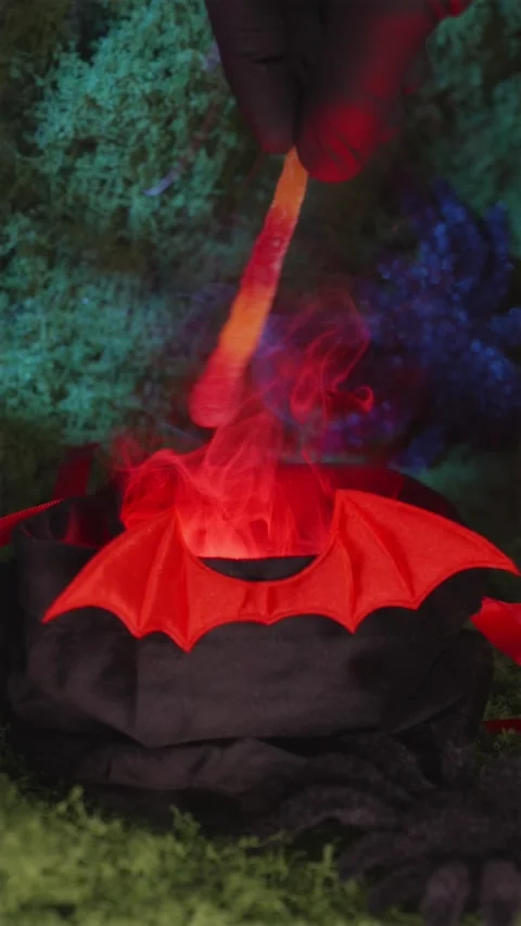 Hand taking gummy worm from Halloween bat candy pouch 스톡 동영상 342423243