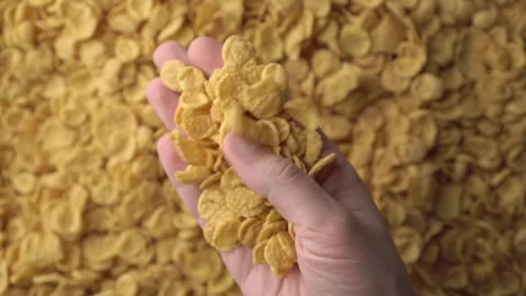 A hand taking a handful of cornflakes from a pile in the background and Stock Footage 242293370