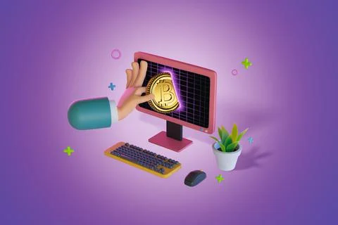 Hand is taking out a crypto coin from a computer screen. 3D, Render, illustra Stock Illustration