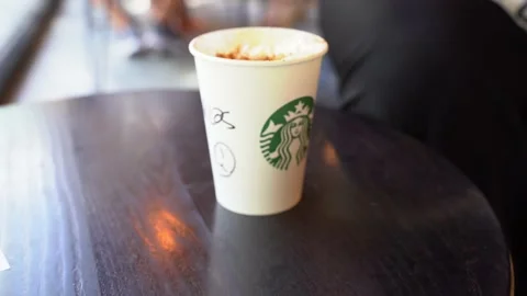 Hand taking a pumpkin spice latte, the perfect autumn beverage Stock Footage 161175453