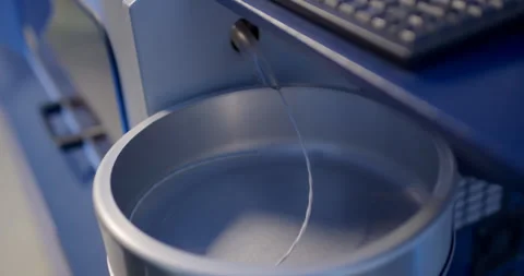 Hand taking thin metal wire into round stainless steel container Video stock 329498515