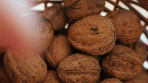 Hand taking walnuts, wicker basket Stock Footage 103378863
