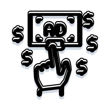 Hand tapping ad on digital screen earning money Stock Illustration