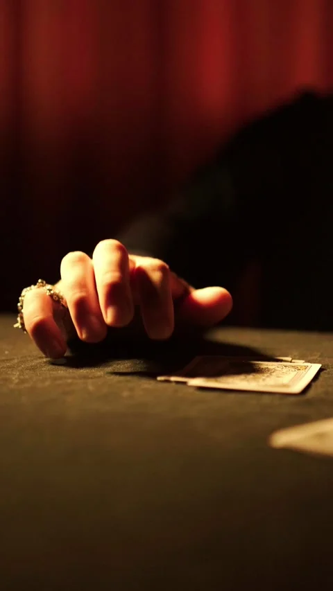 Hand tapping fingers on dark table near playing cards, gambling and betting Vidéo 335828553