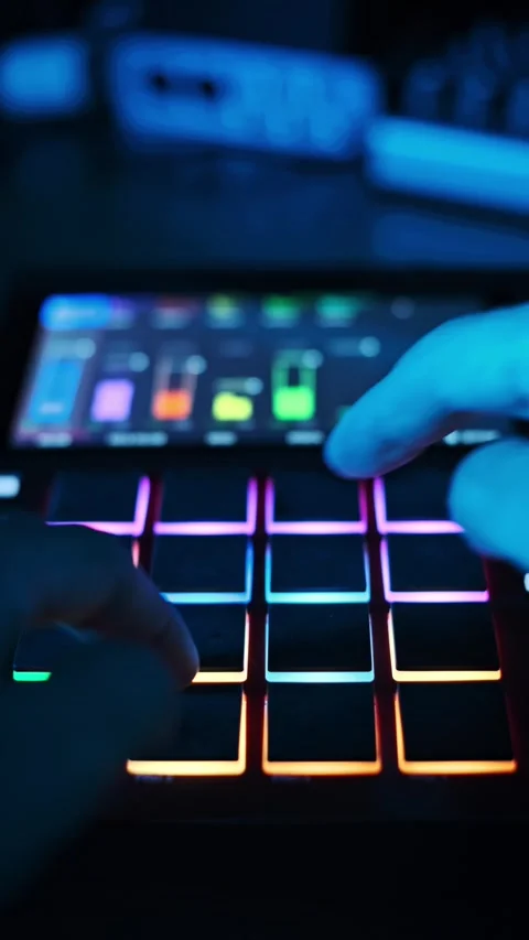 Hand Tapping Illuminated Pads on Red Beatmaker Stock Footage 313080278