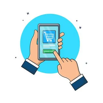 Hand Tapping Order Now Button on Smartphone Stock Illustration