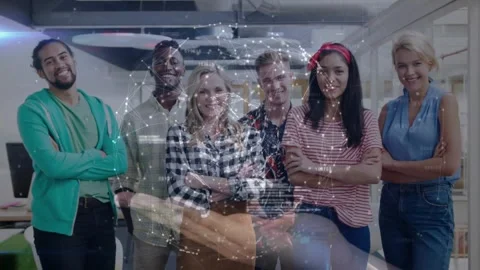 Hand tapping phone, team posing in office, scrolling code and rotating globe Video stock 331108634