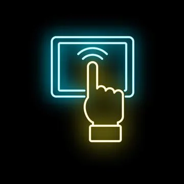 Hand tapping touchscreen tablet interface neon icon Stock-Illustration