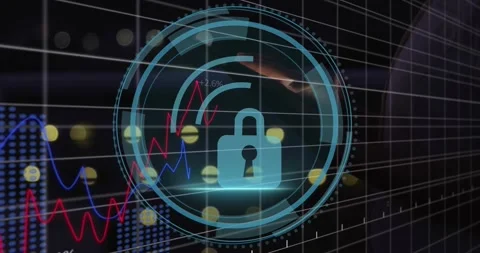 Hand tapping yellow node while holographic security grid animating graphs to 스톡 동영상 318474737