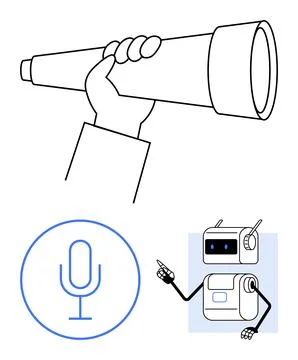 Hand with telescope microphone inside blue circle, and robot chatbot. Ideal f Illustrazione stock