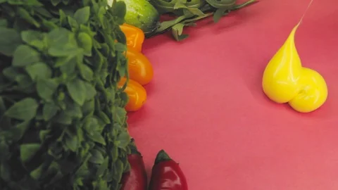 Hand in thought chooses between junk food and healthy food decides to take both Stock Footage 125653767