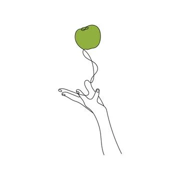Hand throwing apple in the air. One line art. Stock Illustration