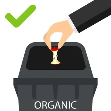 Hand throwing apple core into organic waste bin recycling and ecology concept Stock Illustration