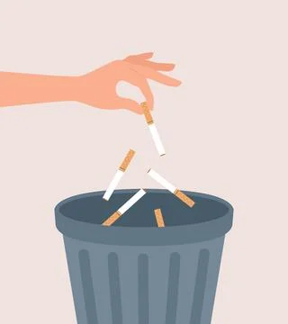 Hand throwing cigarettes into the trash can. Flat vector illustration Stock Illustration