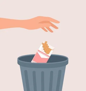 Hand throwing pack of cigarettes into the trash can. Flat vector illustration Stock Illustration