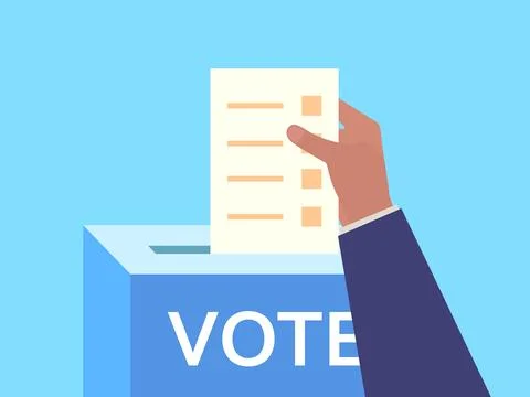 Hand throws a ballot into the ballot box. Elections, voting box. Cast a vot.. Stock Illustration