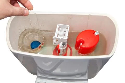 Hand throws blue cleaner tablet in flush tank toilet bowl. 스톡 사진