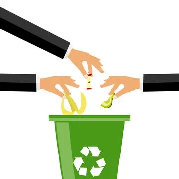The hand throws garbage into the garbage can, many hands throwing out garbage イラスト素材