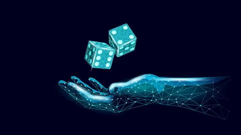 Hand throws glowing dice cubes. Low poly polygon luck risk entertainment concept Stock Illustration