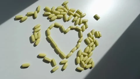 Hand throws off heart made of yellow pills from white table. Stock Footage 221423245