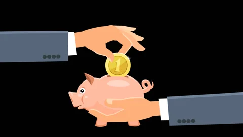 Hand throws one coin in piggy bank. Cartoon animation with hands. Alpha channel Stock Footage 86971385
