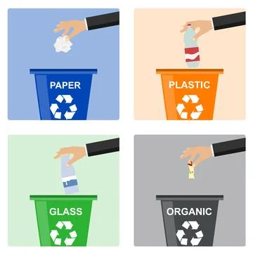 Hand throws out trash. Separate garbage disposal. Hand throws イラスト素材