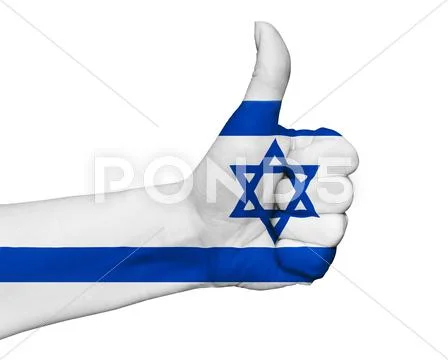 Hand with thumb up painted in colors of Israel flag isolated Stock Photos