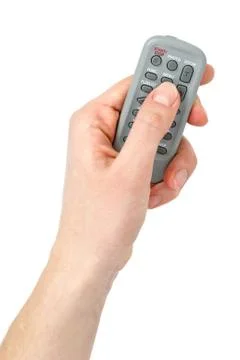 Hand with Tiny infra-red remote control unit isolated on the white background Stock Photos