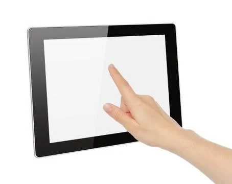 Hand toching tablet pc isolated . Foto stock