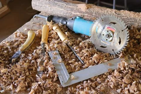 Hand tool on the background of the carpentry workshop. Stock Photos