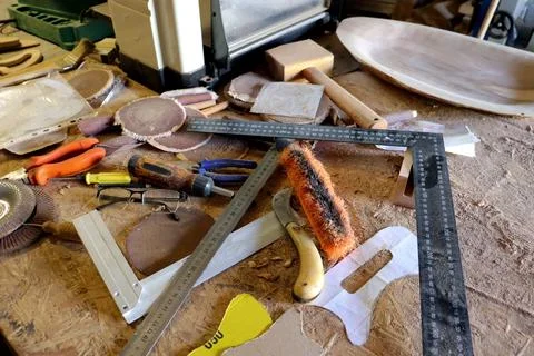 Hand tool on the background of the carpentry workshop. Stock Photos