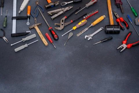 Hand Tool Background. Instruments for DIY fixing. Work equipment set. Copy sp Stock Photos