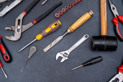 Hand Tool Background. Instruments for fixing. Work equipment set Stock Photos