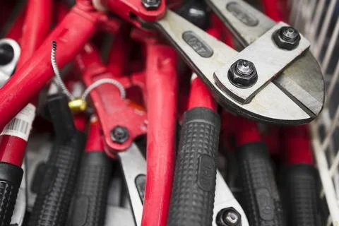 Hand tool for cutting chains, bolts, padlocks, rebar . Close up view . Soft.. Foto stock